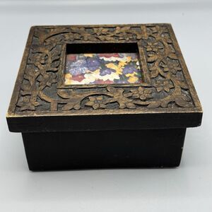 Vtg Square Wood Hinged Trinket Box Keepsake Photo Insert Handcarved  Floral Top